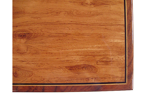 Decorative valet box box top close up - Highly figured Honduras rosewood with ebony and satinwood striping in a walnut frame