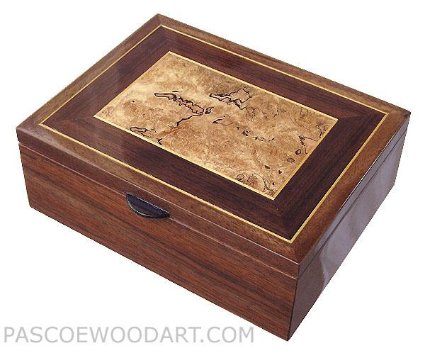 Handcrafted wood men's valet box, decorative keepsake box made of walnut with spalted maple burl inlaid top framed with Asian ebony, with Ceylon satinwood trims