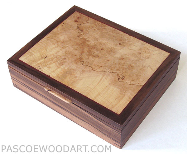Decorative men's valet box - Handmade wood box made of Asian ebony laminated on cherry with spalted maple burl framed top