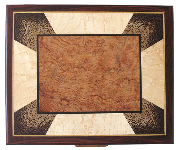 Decorative men's valet box - mosaic box top view - amboyna burl, end grain black palm, bird's eye maple
