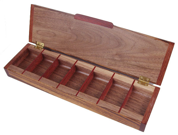 Handcrafted wood decorative weekly pill organizer - open view