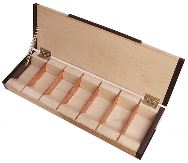 Handmade wood weekly pill box - open view
