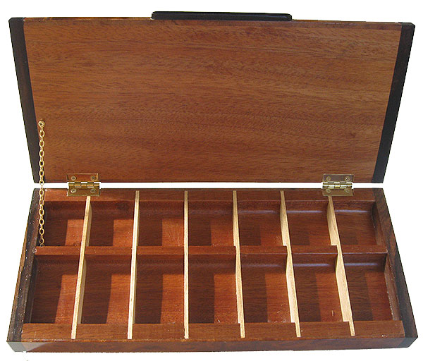 Handmade decorative wood weekly pill box - open view