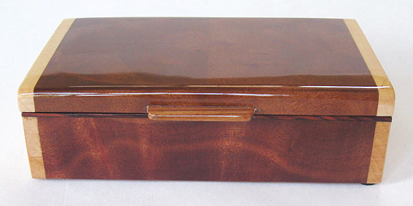 Camphor burl small box front view - Handmade small keepsake box made of Camphor burl with maple ends