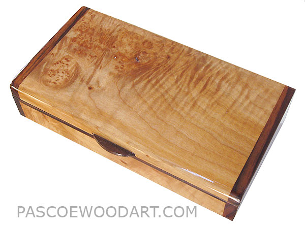Handmade small wood box made of burly-curly maple with Indian rosewood ends