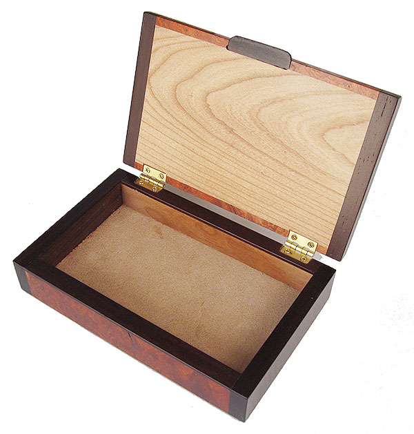 Handmade small wood box - Decorative wood small keepsake box made of amboyna burl with bois de rose ends - open view