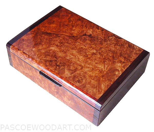 Handcrafted wood small keepsake box made of Amboyna burl with bois de rose ends