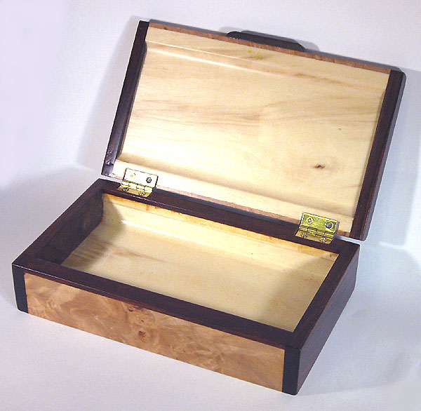 Handmade small wood box made of maple burl, cocobolo - open view