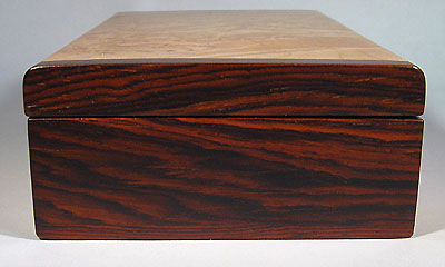 Handmade small wood box made of maple burl, cocobolo -right side view