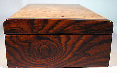 Handmade small wood box made of maple burl, cocobolo - left side view