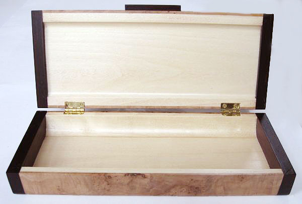 Small wood box - handmade of maple burl with bois de rose ends - open view