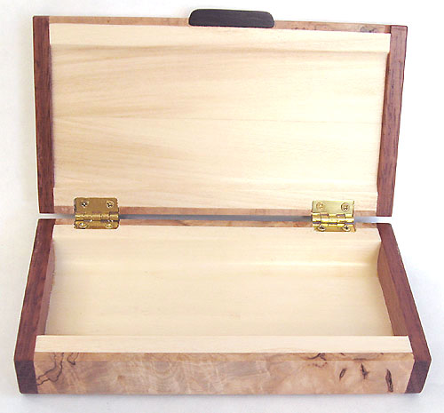 Handmade wood box open view - Decorative small wood box made of maple burl with mahogany ends
