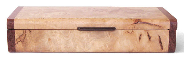 Handmade box front view - Small decorative wood box made of maple burl with mahogany ends
