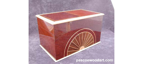 Handmade CD or DVD storage box -  Decorative wood box - Sapele body with Curly maple trim and Shedua inlay - Front view