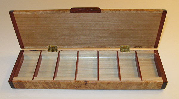 Handmade wood weekly pill organizer with 7 compartments  open view