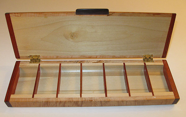 Handmade wood weekly pill organizer with 7 compartments open view