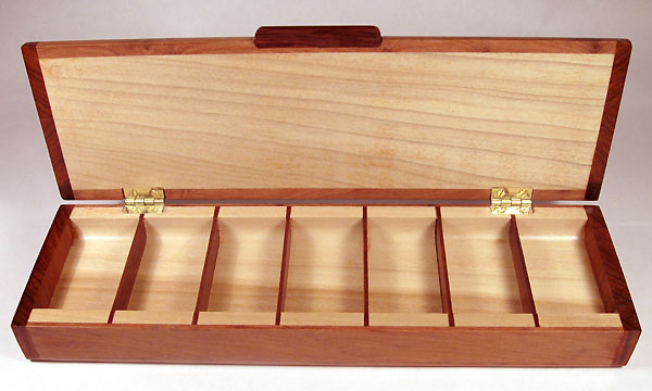 Handmade weekly pill box with 7 compartments made from birds eye redwood