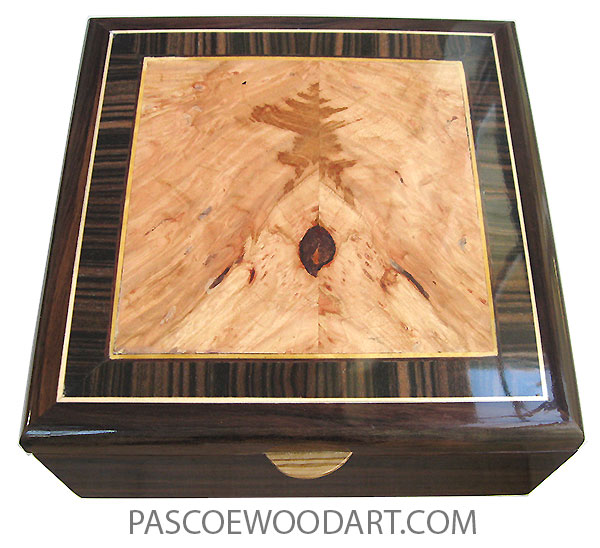 Handcrafted wood box - Decorative wood men's valet box made of East Indian rosewood with maple burl center framed in macassar ebony box top and a sliding tray.
