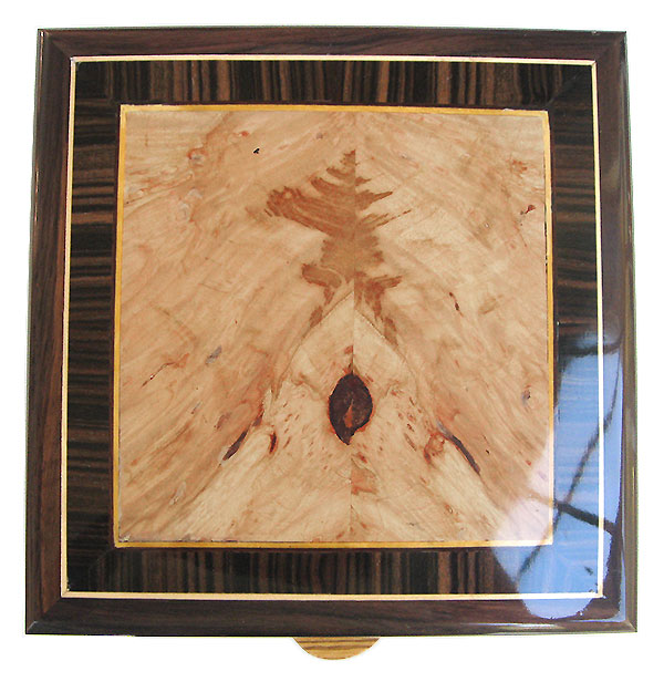 Maple burl center framed in macassar ebony and EWast Indian rosewood with Ceylon satinwood and holly stringing box top - Handcrafted wood box