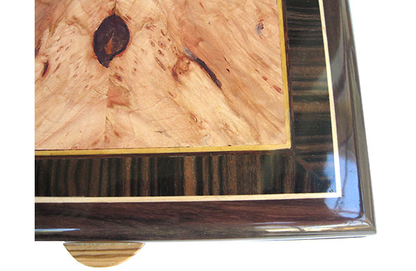 Maple burl center framed in macassar ebony and East  Indian rosewood with Ceylon satinwood and holly stringing box top close up
