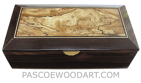Handcrafted wood box - Decorative men's valet box, keepsake box made of ziricote with beveled spalted maple burl framed top 