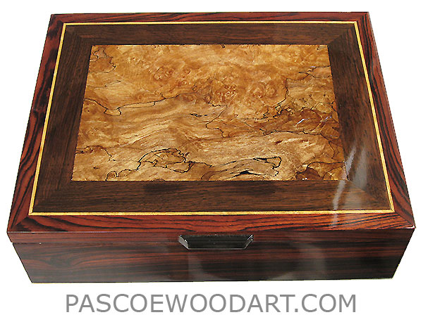 Handcrafted wood box - Decorative wood men's valet box, keepsake box made of cocobolo, spalted maple burl, kamagong inlaid top