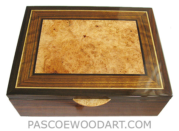 Handcrafted wood box - Decorative men's valet box, keepsake box made of Indian rosewood with shedua, maple burl, ebony, Ceylon satinwood inlaid top