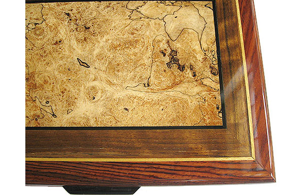 Spalted maple burl, shedua inlaid cocobolo box top - close up