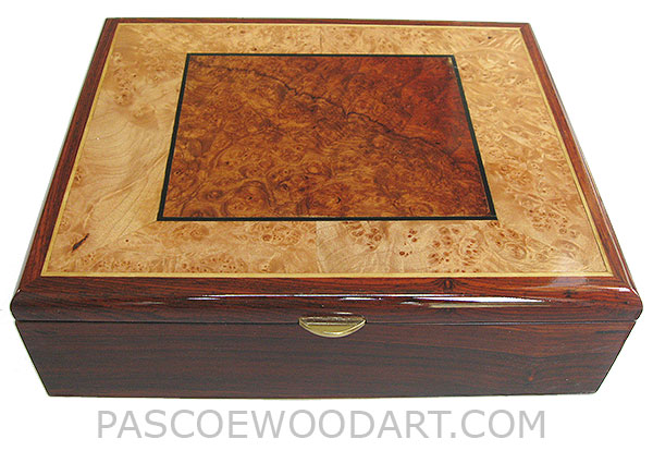 Handcrafted wood box - Decorative wood men's valet box made of cocobolo with amboyna burl and maple burl inlaid top