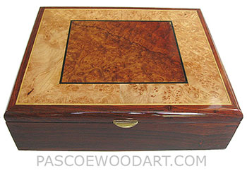 Handcrafted wood box - Decorative wood men's valet box, keepsake box made of cocobolo, amboyna burl, maple burl