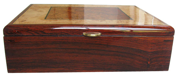 Cocobolo box front - Handmade decorative wood men's valet made of cocobolo with amboyma burl, maple burl inlaid top