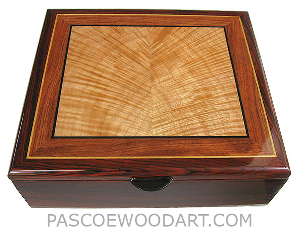 Handcrafted wood box - Decorative wood men's valet box, keepsake box made of cocobolo, flame maple, bubinga
