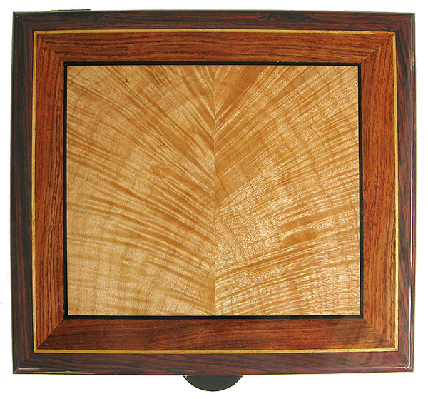 Handcrafted decorative wood box top - Flame maple framed in bubinga and cocobolo