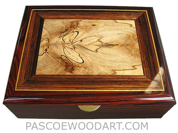 Handcrafted wood box - Decorative men's valet box or keepsake box  made of cocobolo with spalted maple framed in Sabbah ebony and cocobolo top