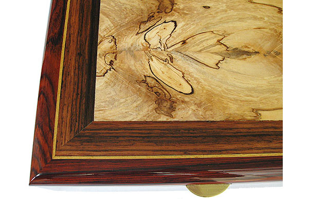 Spalted maple framed in Sabbah ebony and cocobolo with Ceylon satinwood striping box top close up- Handcrafted men's valet box