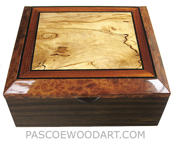 Handcrafted wood box - Decorative wood men's valet box made of Indian rosewood with spalted maple framed bevel top framed in Indian rosewood and camphor burl with ebony stripings