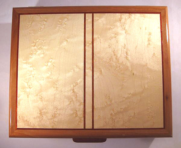 Handmade wood keepsake box made of pearwood and birds eye maple - top view