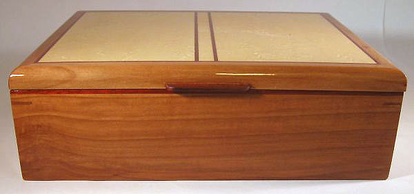 Handmade wood keepsake box made of pearwood and birds eye maple - front view