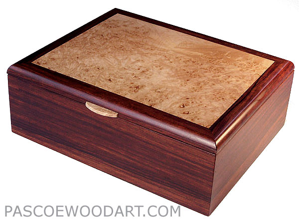 Cocobolo men's valet box with maple burl top inset - Handmade decorative wood box
