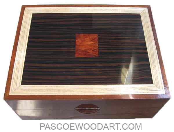 Handmade large wood box - Decorative wood deep men's valet box made of mahogany with macassar ebony, ash and bloodwood burl inlay top