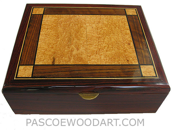 Handcrafted large cocobolo wood box - Decorative wood valet box, keepsake box made of cocobolo, bird's eye maple, shedua