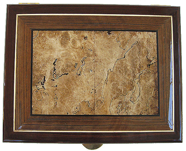 Spalted maple burl center piece framed in shedua and cocobolo box top - Handcrafted decorative wood large valet box, keepsake box, document box 