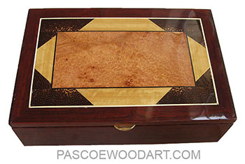 Handmade wood box - Men's valet box made of cocobolo with mosaic top of amboyna burl, Ceylon Satinwood, black palm