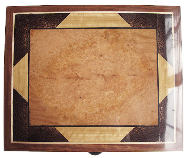Amboyna burl and maple burl inlaid box top - Handmade decorative wood men's valet box made of cocobolo