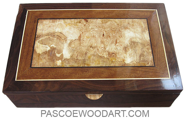 Handcrafted wood box - Decorative wood men's valet box made of ziricote with spalted maple burl center framed in schedua and ziricote inlaid top