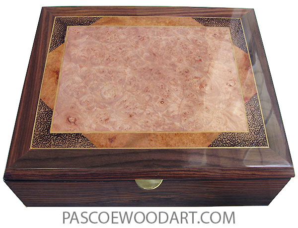 Handcrafted wood box - Men's valet box or keepsake box made of East Indian rosewood with maple burl center framed in amboyna burl and black palm with Ceylon satinwood stringing top