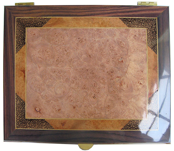 Maple burl center framed in amboyna burl , black palm and East Indian rosewood with Ceylon satinwood stringing box top - Handcrafted wood large men's valet box or keepsake box
