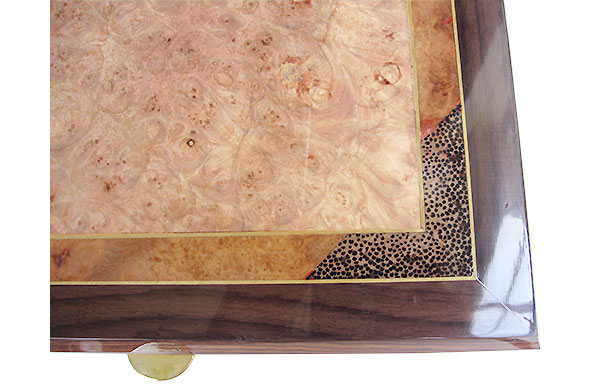 Maple burl center framed in amboyna burl, black palm and East Indian rosewood box top - Handcrafted men's valet box - close up
