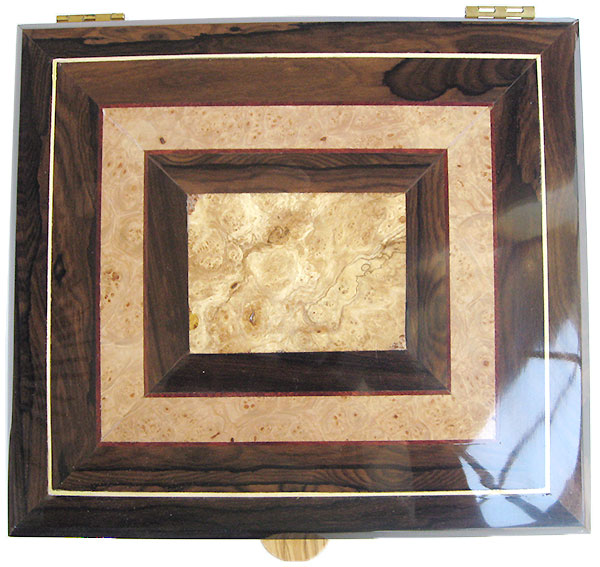 Spalted maple burl center framed in maple burl and ziricote wiwth holly and bloodwood stringing box top - Handcrafted large men's valet box 