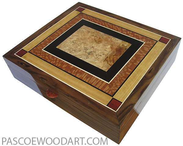 Handcrafted large wood box - Men's valet box, document box made of Indian rosewood with mosaic top of spalted maple burl, African blackwood, lacewood, Ceylon satinwood, bloodwood.